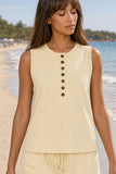 Varley Marla Button Placket Tank Style VAR03162 ANIF in Anise Flower. Front close-up of the Marla Tank showing its decorative trim and six-button placket