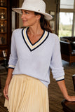 Varley Clothing Maurice V-Neck Sweater style VAR03111 in Xenon Blue. Women's all cotton varsity style v-neck Summer sweater.  Country Club chic.