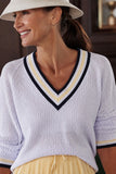 Varley Clothing Maurice V-Neck Sweater style VAR03111 in Xenon Blue. Women's all cotton varsity style v-neck Summer sweater.  Country Club chic.