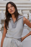 Varley Clothing Peterson Half Zip Style VAR03458 in Grey Melange with white. Grey and White Half-Zip Sleeveless Knit Top