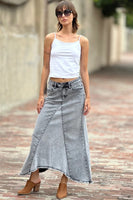 Wash Lab Denim Selma Pieced Denim Maxi Skirt Style WL0233K-2 in Acid Gret and In Raw Denim; Raw Hem Denim Maxi skirt; Wash Lab Raw Hem Denim Skirt; Fall Denim Skirt
