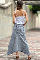 Wash Lab Denim Selma Pieced Denim Maxi Skirt Style WL0233K-2 in Acid Gret and In Raw Denim; Raw Hem Denim Maxi skirt; Wash Lab Raw Hem Denim Skirt; Fall Denim Skirt