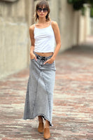 Wash Lab Denim Selma Pieced Denim Maxi Skirt Style WL0233K-2 in Acid Gret and In Raw Denim; Raw Hem Denim Maxi skirt; Wash Lab Raw Hem Denim Skirt; Fall Denim Skirt