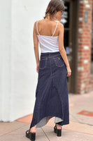 Wash Lab Denim Selma Pieced Denim Maxi Skirt Style WL0233K-2 in Acid Gret and In Raw Denim; Raw Hem Denim Maxi skirt; Wash Lab Raw Hem Denim Skirt; Fall Denim Skirt
