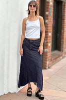 Wash Lab Denim Selma Pieced Denim Maxi Skirt Style WL0233K-2 in Acid Gret and In Raw Denim; Raw Hem Denim Maxi skirt; Wash Lab Raw Hem Denim Skirt; Fall Denim Skirt