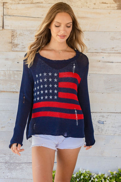 Wooden Ships Flag Distressed Crew COtton Style K50C2W847 in Darkest Indigo;Flag Sweater;Blue Flag Sweater