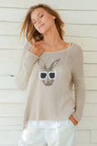 Wooden Ships Hip Hare Sweater Style K52CP2W023 in Khaki;Easter Sweater;Rabbit Sweater;Rabbit With Sunglasses Sweater;Wooden Ships Rabbit Sweater; 