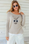 Wooden Ships Hip Hare Sweater Style K52CP2W023 in Khaki;Easter Sweater;Rabbit Sweater;Rabbit With Sunglasses Sweater;Wooden Ships Rabbit Sweater; 