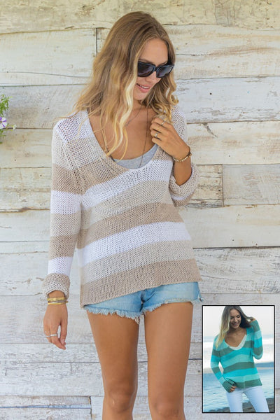 Wooden Ships Kenzie Stripe V Cotton Style K50C3W834 in Sea Sage Stripe and in Khaki Stripe; 
