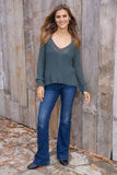 Wooden Ships Knits Maui Tipped Chunky V Cotton Style K55C8W334 in Winter Green with Dark Dusk; 