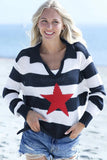 Wooden Ships Knit Star Polo Cotton Style K56C2W044 in Darkest Indigo-White-Red. Women's Cotton blend navy and white striped polo style sweater with a red star.