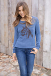 Wooden Ships Knits Saratoga Crew Cotton Style K55C2W584 in Blue Fire Brown Brick; Blue Sweater with a horse
