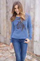 Wooden Ships Knits Saratoga Crew Cotton Style K55C2W584 in Blue Fire Brown Brick; Blue Sweater with a horse