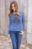 Wooden Ships Knits Saratoga Crew Cotton Style K55C2W584 in Blue Fire Brown Brick; Blue Sweater with a horse