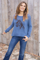 Wooden Ships Knits Saratoga Crew Cotton Style K55C2W584 in Blue Fire Brown Brick; Blue Sweater with a horse