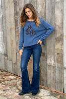 Wooden Ships Knits Saratoga Crew Cotton Style K55C2W584 in Blue Fire Brown Brick; Blue Sweater with a horse