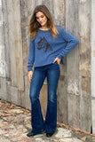 Wooden Ships Knits Saratoga Crew Cotton Style K55C2W584 in Blue Fire Brown Brick; Blue Sweater with a horse