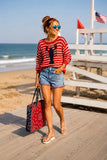 Wooden Ships Lobster Stripe Crew Style K56CPE9W426 in Red Pink Indigo Stripe.  Women's cotton blend red pink striped sweater with an indigo lobster graphic knitted in. Bfree American Summer.