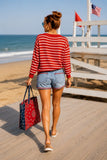 Wooden Ships Lobster Stripe Crew Style K56CPE9W426 in Red Pink Indigo Stripe.  Women's cotton blend red pink striped sweater with an indigo lobster graphic knitted in. Bfree American Summer.