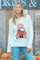 Wooden Ships Pumpkin Cruising Crew Sweater Style Number K51YE2W209 In Pure Snow;Wooden Ships Pumpkin Car Sweater; Pumpkin Sweater;Pumpkin on VW Sweater;Pumpkin on Car driven by cat sweater;cute fall sweater;fun fall sweater