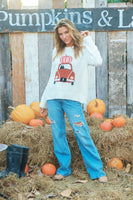 Wooden Ships Pumpkin Cruising Crew Sweater Style Number K51YE2W209 In Pure Snow;Wooden Ships Pumpkin Car Sweater; Pumpkin Sweater;Pumpkin on VW Sweater;Pumpkin on Car driven by cat sweater;cute fall sweater;fun fall sweater