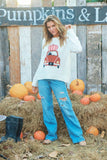 Wooden Ships Pumpkin Cruising Crew Sweater Style Number K51YE2W209 In Pure Snow;Wooden Ships Pumpkin Car Sweater; Pumpkin Sweater;Pumpkin on VW Sweater;Pumpkin on Car driven by cat sweater;cute fall sweater;fun fall sweater