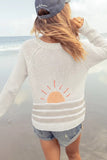 Wooden Ships Sunrise Chunky Cardi Style K56C9W075 in Almond Butter-Breaker Whites Stripe. Cotton Blend Open Beachy spring summer Cardigan with a sunrise back graphic