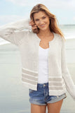 Wooden Ships Sunrise Chunky Cardi Style K56C9W075 in Almond Butter-Breaker Whites Stripe. Cotton Blend Open Beachy spring summer Cardigan with a sunrise back graphic