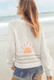 Wooden Ships Sunrise Chunky Cardi Style K56C9W075 in Almond Butter-Breaker Whites Stripe. Cotton Blend Open Beachy spring summer Cardigan with a sunrise back graphic