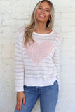 Wooden Ships Sweaters Amelie Heart Crew Sweater Style K56C2W077 in White Cream Pink; Loose Knit Striped Lightweight spring summer heart sweater