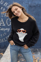 Wooden Ships Knits Sweet Ghost Crew Chunky Style K55YE2W487 in Black;Fun Halloween Sweater;Cute Halloween Sweater; 