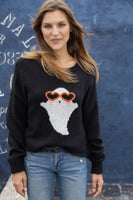 Wooden Ships Knits Sweet Ghost Crew Chunky Style K55YE2W487 in Black;Fun Halloween Sweater;Cute Halloween Sweater; 