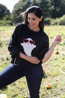 Wooden Ships Knits Sweet Ghost Crew Chunky Style K55YE2W487 in Black;Fun Halloween Sweater;Cute Halloween Sweater; 
