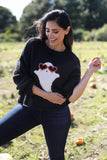Wooden Ships Knits Sweet Ghost Crew Chunky Style K55YE2W487 in Black;Fun Halloween Sweater;Cute Halloween Sweater; 