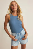 Z Supply Clothing Boa Rib Tank Style ZT262714 in Both Bellini and Lake Blue. Women's Cotton Spandex Bled Ribbed Fitted Tank top with cutout details on the straps.