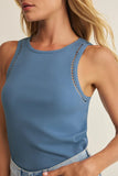 Z Supply Clothing Boa Rib Tank Style ZT262714 in Both Bellini and Lake Blue. Women's Cotton Spandex Bled Ribbed Fitted Tank top with cutout details on the straps.