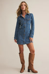 Z Supply Clothing Candice Knit Denim Dress Style ZD243984 VIN in Vintage Denim;Fall Denim Mini Dress;Festival Style Denim Mini Dress; Western inspired denim mini dress