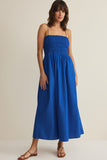 Z Supply Clothing Cornelia Poplin Maxi Dress Style ZD261393S NAU in Nautical. Blue Smocked bodice Spaghetti strap spring summer 100% cotton poplin midi dress.