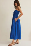 Z Supply Clothing Cornelia Poplin Maxi Dress Style ZD261393S NAU in Nautical. Blue Smocked bodice Spaghetti strap spring summer 100% cotton poplin midi dress.