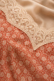Z Supply Clothing Emela Iris Floral Midi Dress Style ZD263313 CHP in Chili Pepper. Close-up of the Emela Iris Floral Midi Dress coral-and-cream floral fabric and scalloped creamy lace trim