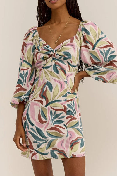 Z Supply Clothing Mirani Safari Mini Dress Style ZD242512 FLX in Flax;Tropical Print Puff Sleeve Mini Dress