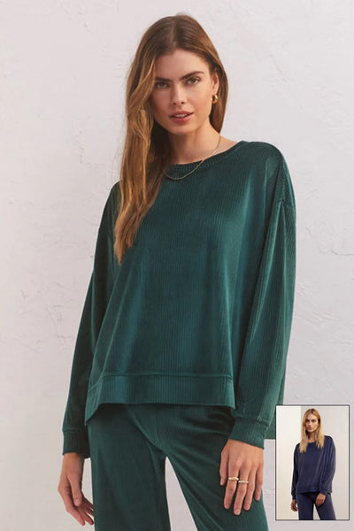 Z Supply Clothing Night in Velour Long Sleeve Top Style ZLT234109 in Rich Pine and Deep Blue;Velour Lounge Top;Z Supply Velour Lounge Set; 