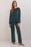 Z Supply Clothing Night in Velour Long Sleeve Top Style ZLT234109 in Rich Pine and Deep Blue;Velour Lounge Top;Z Supply Velour Lounge Set; 