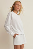 Z Supply Clothing Saldana Sweatshirt Style ZVT262118S WHT in White. Women's active style white cotton polyester blend french terry crew neck sweatshirt.