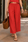 Z Supply Clothing Scout Linen Pant style ZP261545 CHP in Chili Pepper. Front close-up of the red Scout Linen Pant with a gathered elastic waistband, wide legs and ankle-length hems