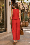 Z Supply Clothing Scout Linen Pant style ZP261545 CHP in Chili Pepper. Back view of the red Scout Linen Pant styled with the matching Sloane Linen Top and flat leather sandals
