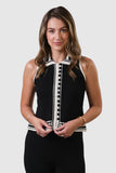 central park west clothing Charli Crochet Edge Collared Top Style CS26-10532S in Black 100% Cotton sleeveless knit spring summer top with crochet trim and a collared neckline.