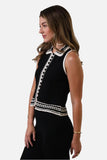 central park west clothing Charli Crochet Edge Collared Top Style CS26-10532S in Black 100% Cotton sleeveless knit spring summer top with crochet trim and a collared neckline.