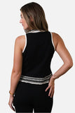 central park west clothing Charli Crochet Edge Collared Top Style CS26-10532S in Black 100% Cotton sleeveless knit spring summer top with crochet trim and a collared neckline.