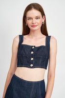 en Saison Clothing Denim Bustier Crop Top Style IES2921T in Denim;Denim Bustier Top;Button Front Stretchy Denim Bustier Top; 